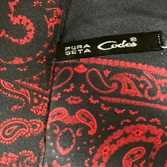 Red navy vintage silk paisley fringe scarf Italy 23.5” x 50”-Codes label lux - Picture 7 of 13